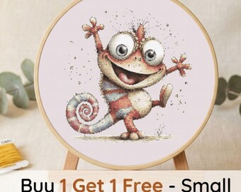 Funny Chameleon Cross Stitch Pattern, Cartoon Animal Embroidery Design (PDF Download)
