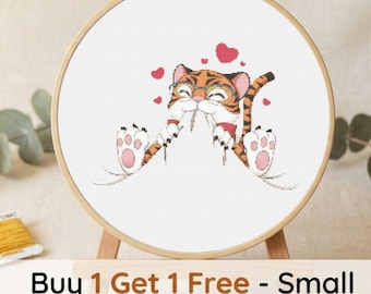 Baby Tiger Hearts Cross Stitch Pattern, Cartoon Animal Embroidery Design (PDF Download)