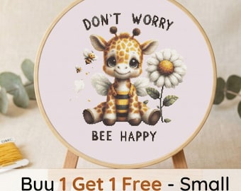 Giraffe Bee Cross Stitch Pattern, Whimsical Nursery Animal Chart (PDF Download)