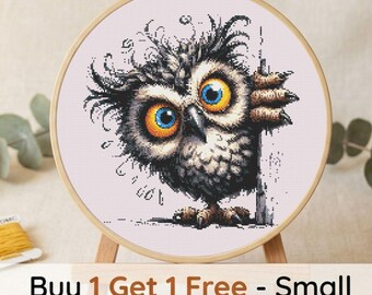 Scruffy Owl Cross Stitch Pattern, Big Eyed Woodland Bird Embroidery Design (PDF Download)