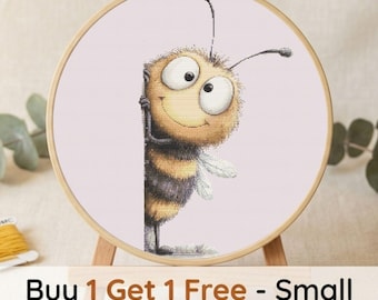 Peeking Bumblebee Cross Stitch Art, Whimsical Insect Illustration, Nature Embroidery Design