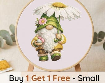 Gnome Cross Stitch Pattern PDF, Spring Garden Gnome with Daisy Umbrella, Cottagecore Needlepoint Design, Whimsical Flower Gnome