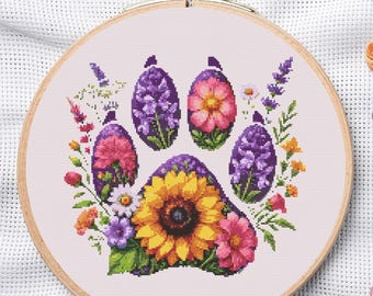 Floral Paw Print Cross Stitch Pattern, Sunflower Lavender Pet Memorial Embroidery (PDF Download)