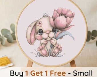 Bunny with Flower Cross Stitch Pattern, Whimsical Nursery Embroidery Chart (PDF Download)