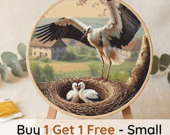 Stork Nest Cross Stitch Pattern, Romantic Bird Family Embroidery Chart (PDF Download)
