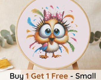Cartoon Owl Cross Stitch Pattern, Whimsical Bird Embroidery Chart (Digital Download)
