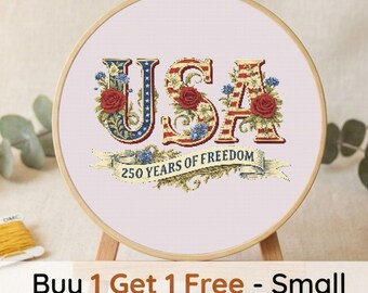 USA Patriotic Floral Cross Stitch Pattern PDF, American Flag Embroidery Needlepoint Chart