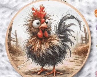 Funny Crazy Chicken Cross Stitch Pattern, Quirky Farm Animal Embroidery Chart (PDF Download)