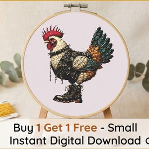 Punk Rock Rooster Cross Stitch Pattern, Edgy Chicken Embroidery Chart (PDF)