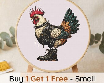 Punk Rock Rooster Cross Stitch Pattern, Edgy Chicken Embroidery Chart (PDF)