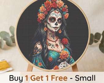 Day Of The Dead Cross Stitch Pattern, Sugar Skull Girl La Catrina Embroidery, Mexican Floral Skeleton Portrait PDF, Gothic Rose Crown Art