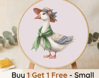 Goose Cross Stitch Pattern PDF, Cottagecore Goose with Hat and Scarf, Whimsical Animal Embroidery Design, Shabby Chic Nursery Decor