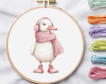 Pink Earflap Scarf Duck Cross Stitch Pattern, Kawaii Animal Embroidery Chart (PDF)