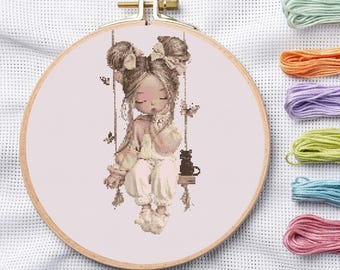Girl with Bows and Butterflies Cross Stitch Pattern (Digital Download)