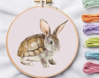 Surreal Hare Tortoise Hybrid Cross Stitch Pattern, Realistic Animal Embroidery PDF