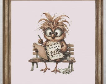 Funny Artist Owl Cross Stitch Pattern, Quirky Sketching Owl With Glasses Embroidery PDF