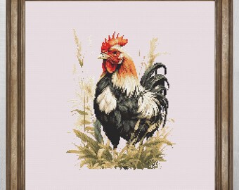 Majestic Rooster Cross Stitch Pattern, Farmhouse Country Decor, Rural Needlepoint Chart