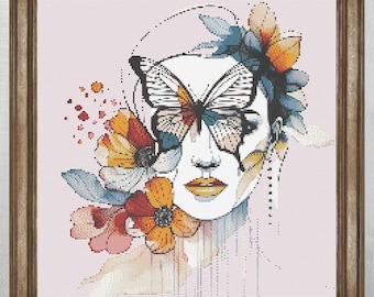 Butterfly Woman Cross Stitch Pattern, Abstract Floral Face Embroidery Design (PDF)