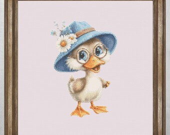 Duckling With Floral Hat Cross Stitch Pattern, Adorable Duckling Embroidery Design (PDF Download)