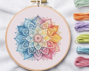 Boho Mandala Cross Stitch Pattern, Rainbow Floral Geometric Embroidery Design (PDF Download)