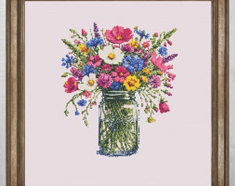 Wildflower Jar Cross Stitch Pattern, Rustic Floral Bouquet Embroidery (PDF Download)