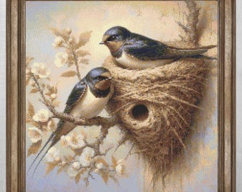 Swallow Bird Nest Cross Stitch Pattern, Spring Nature Embroidery Chart (PDF Download)