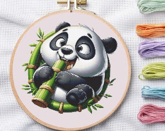 Panda Eating Bamboo Cross Stitch Pattern (PDF Download)