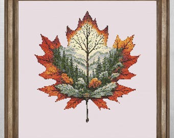 Autumn Leaf Forest Landscape Cross Stitch Pattern, Rustic Woodland Nature Embroidery (PDF)