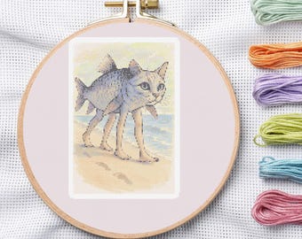 Surreal Cat Fish Human Legs Cross Stitch Pattern, Weirdcore Embroidery Design (PDF)