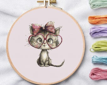 Kitten Cross Stitch Pattern, Cat Heart Glasses Bow, Kawaii Animal Embroidery (PDF Pattern)