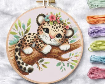 Baby Leopard Cross Stitch Pattern, Floral Jaguar Embroidery, Jungle Nursery Decor (PDF Download)