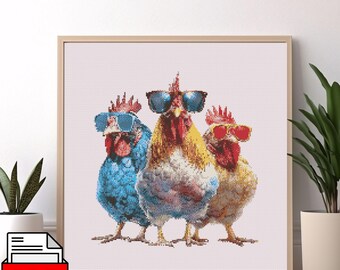 Roosters Cross Stitch Pattern, Sunglasses Farmhouse Embroidery (PDF Download)