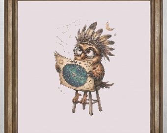 Funny Artist Owl Cross Stitch Pattern, Intellectual Sketching Owl Embroidery PDF