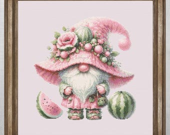 Watermelon Gnome Cross Stitch Pattern, Whimsical Summer Embroidery Chart (Digital Download)
