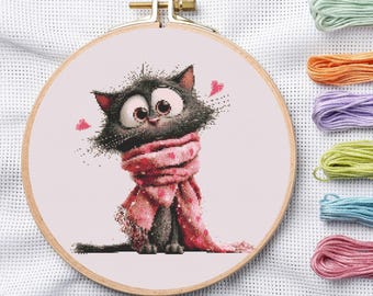 Black Kitten Cross Stitch Pattern, Kawaii Cat Scarf Hearts (PDF Pattern)
