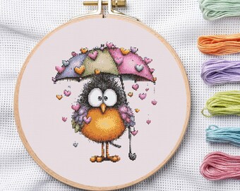 Tiny Robin Cross Stitch Pattern, Heart Umbrella Embroidery Chart (PDF Download)