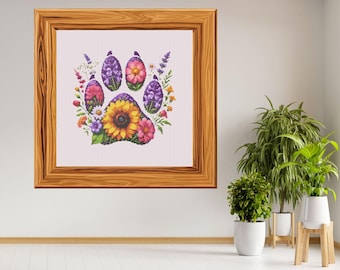Floral Paw Print Cross Stitch Pattern, Sunflower Lavender Pet Memorial Embroidery (PDF Download)