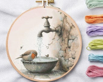 Watercolor Robin Bird Cross Stitch Pattern, Garden Tap Embroidery Chart (PDF Download)