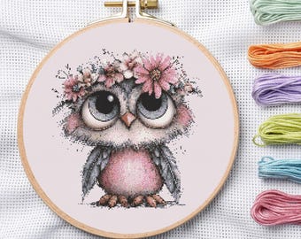 Floral Big Eyes Owl Cross Stitch Pattern, Baby Nursery Wall Art (PDF Download)