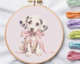 Dalmatian Puppy Cross Stitch Pattern, Pink Bow Embroidery Design, Kawaii Animal Chart (PDF)