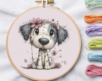 Fluffy Puppy Cross Stitch Pattern, Whimsical Cartoon Pet Embroidery PDF