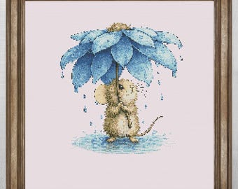 Mouse Under Flower Umbrella Cross Stitch Pattern, Whimsical Animal Embroidery PDF