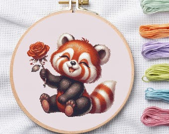 Red Panda Holding Rose Cross Stitch Pattern (PDF)