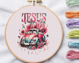 Jesus Is The Way Cross Stitch Pattern, Retro Pink Beetle Car Floral Embroidery Design (PDF)