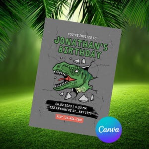 Editable Dinosaur Birthday Party Invitation Template, Dinosaur Birthday Invitation, Dinosaur thank you tag