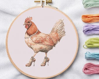 Funny Chicken High Heels Cross Stitch Pattern, Stylish Hen Embroidery Chart (PDF)