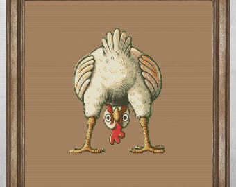 Funny Upside Down Chicken Cross Stitch Pattern PDF, Silly Hen Embroidery Chart (Digital Download)