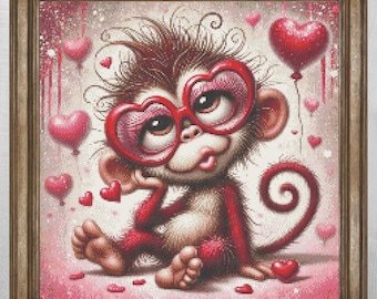 Love Monkey Cross Stitch Pattern, Valentine Heart Glasses Animal Embroidery Chart (PDF)