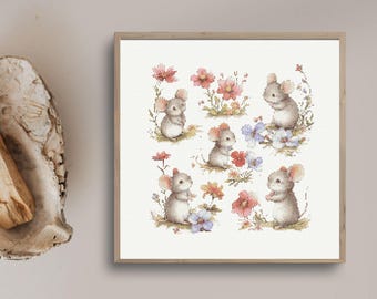Mouse Floral Cross Stitch Pattern PDF