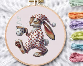 Sleepy Rabbit Coffee Cross Stitch Pattern, Kawaii Bunny Morning Embroidery Chart